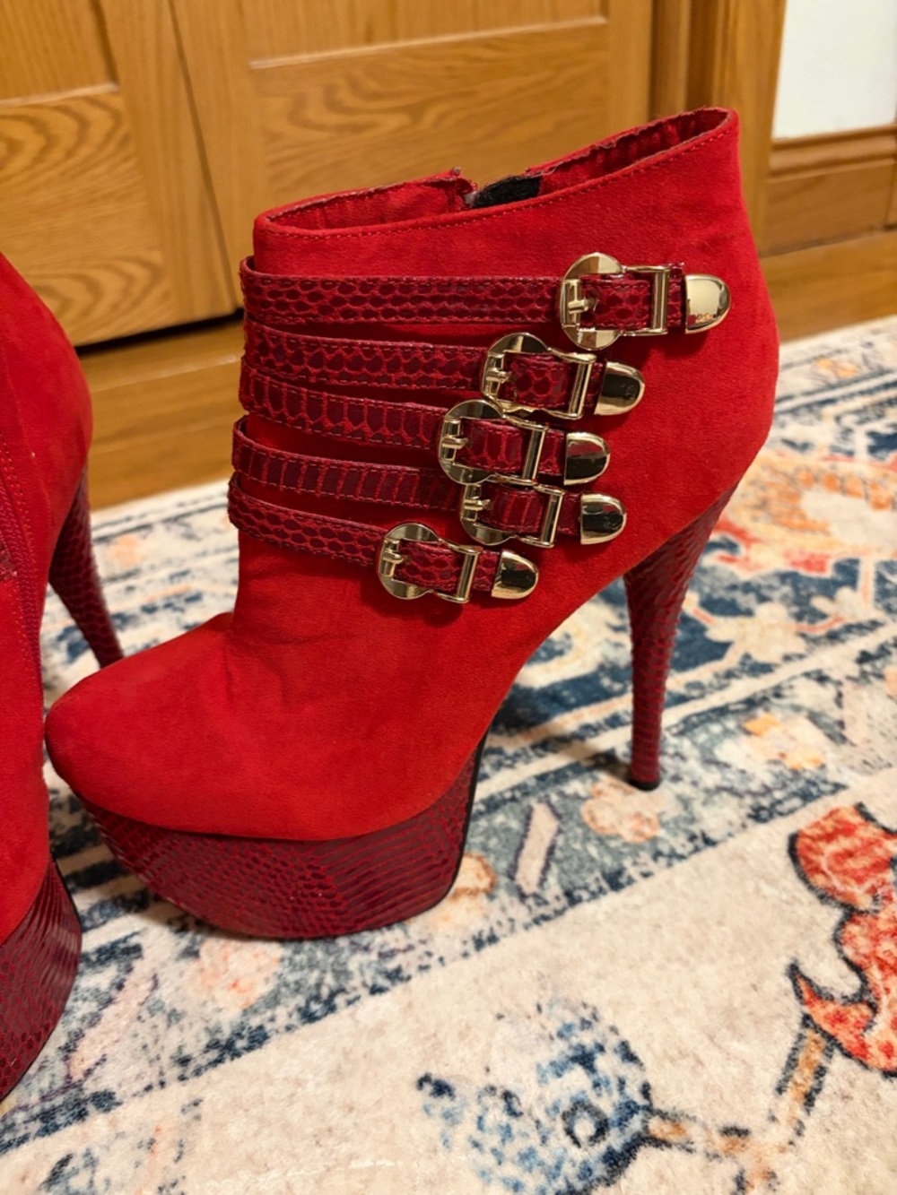 Shoe Dazzle Red Suede Platform Ankle Boots with Gold Buckles - Picture 4 of 8